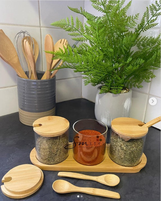 Glass jar set with wooden lid and spoons